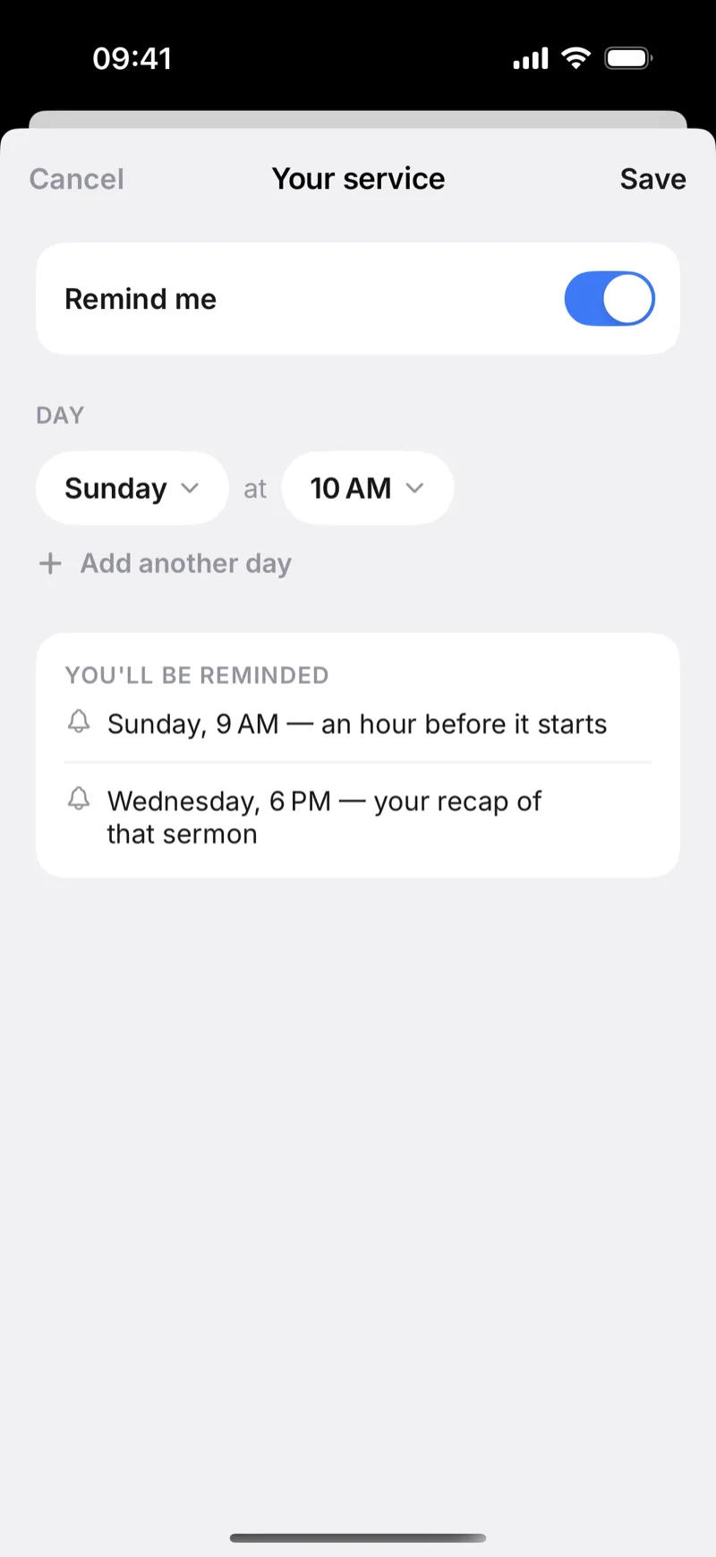 Sermon Keeper's service reminder settings: Sunday at 10 AM, with a reminder an hour before and a Wednesday recap