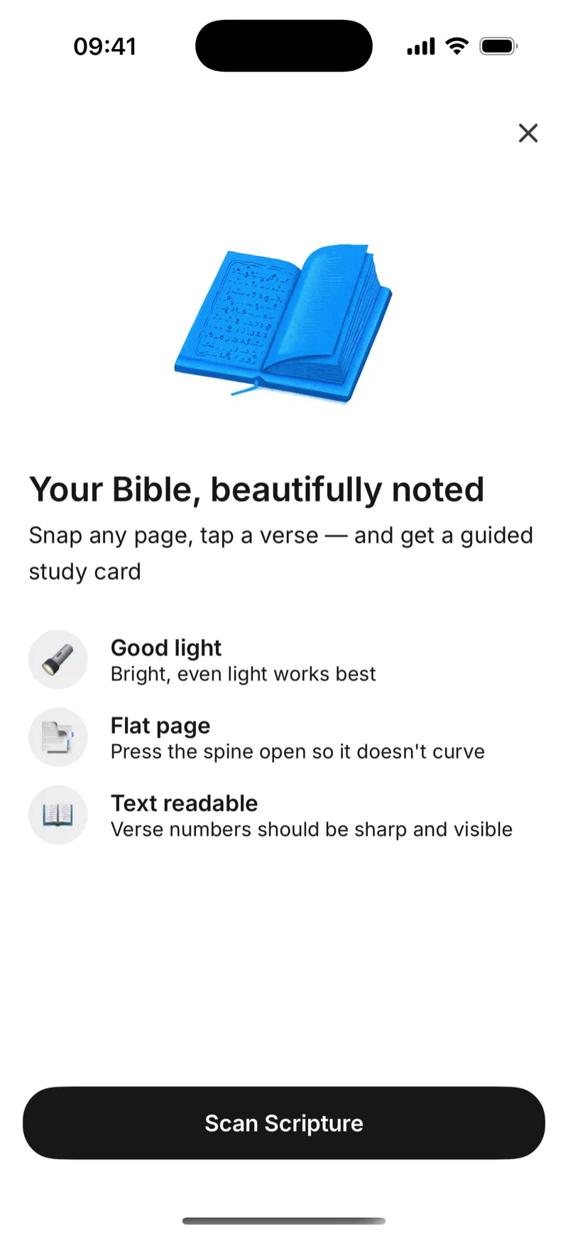 The screen shown before scanning a Bible page