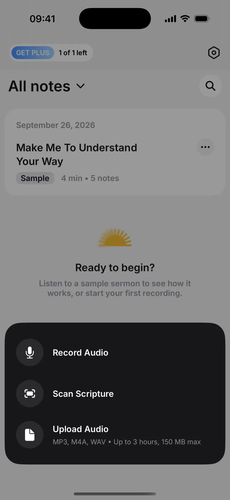 Sermon Keeper's Create menu: record audio, scan Scripture, or upload a file
