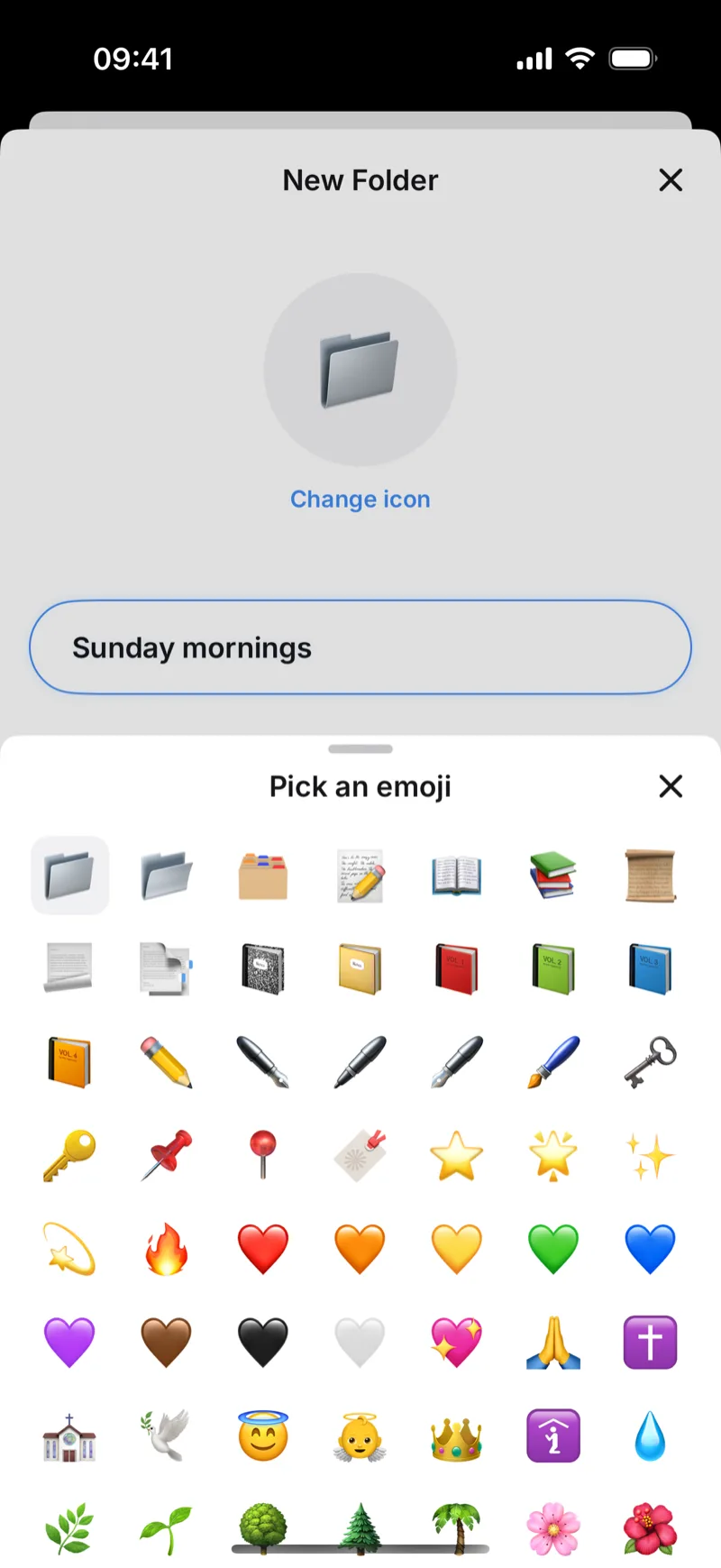 Choosing an emoji icon for a sermon folder in Sermon Keeper