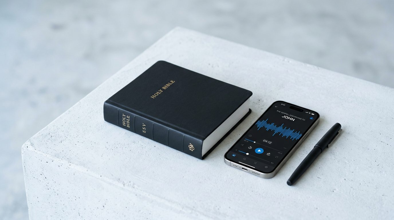 Bible and iPhone showing audio recording on a concrete surface — testing sermon notes apps