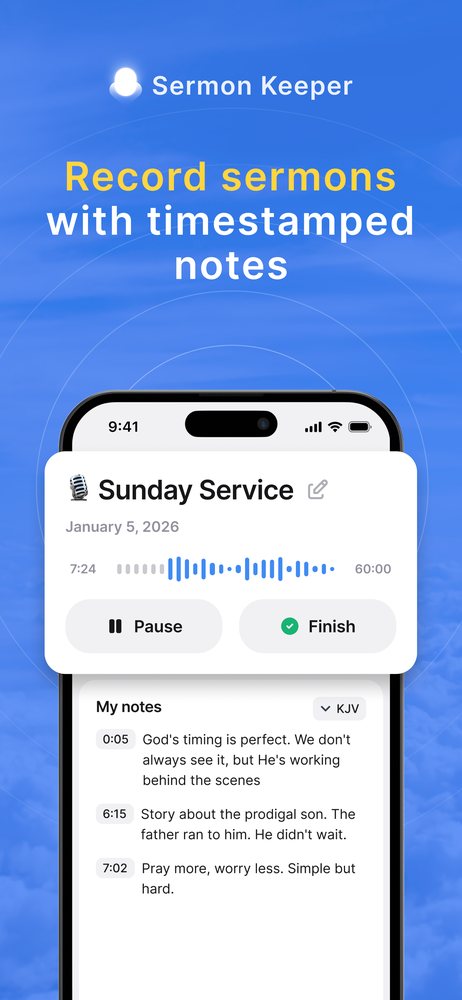 Sermon Keeper app recording a Sunday service with timestamped notes
