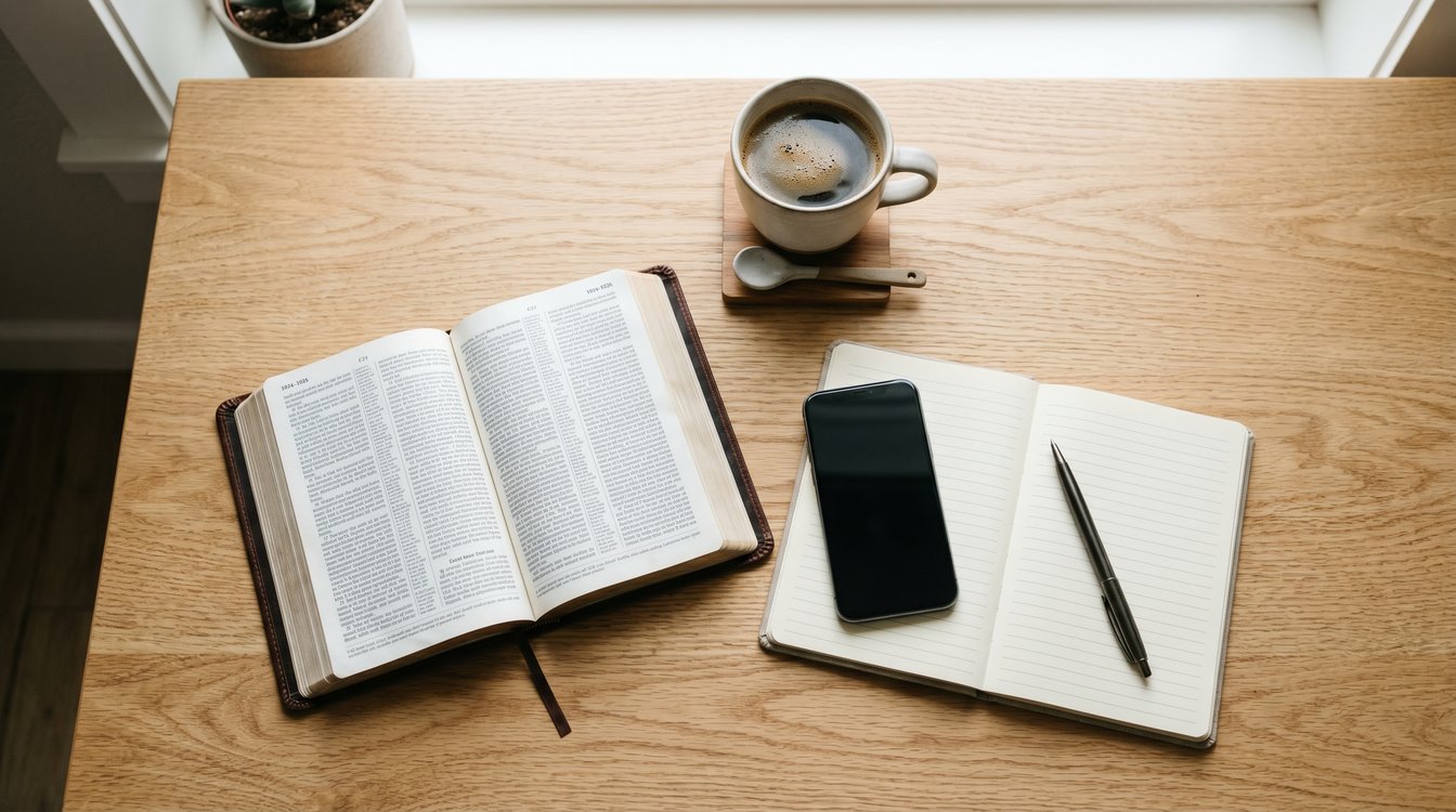 A phone, an open Bible, a notebook and a coffee on a table, free ways to take sermon notes