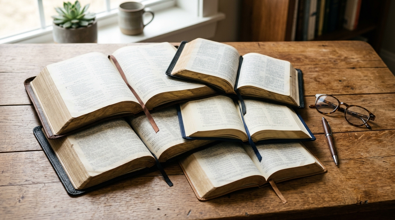 Several open Bibles of different translations laid side by side on a table