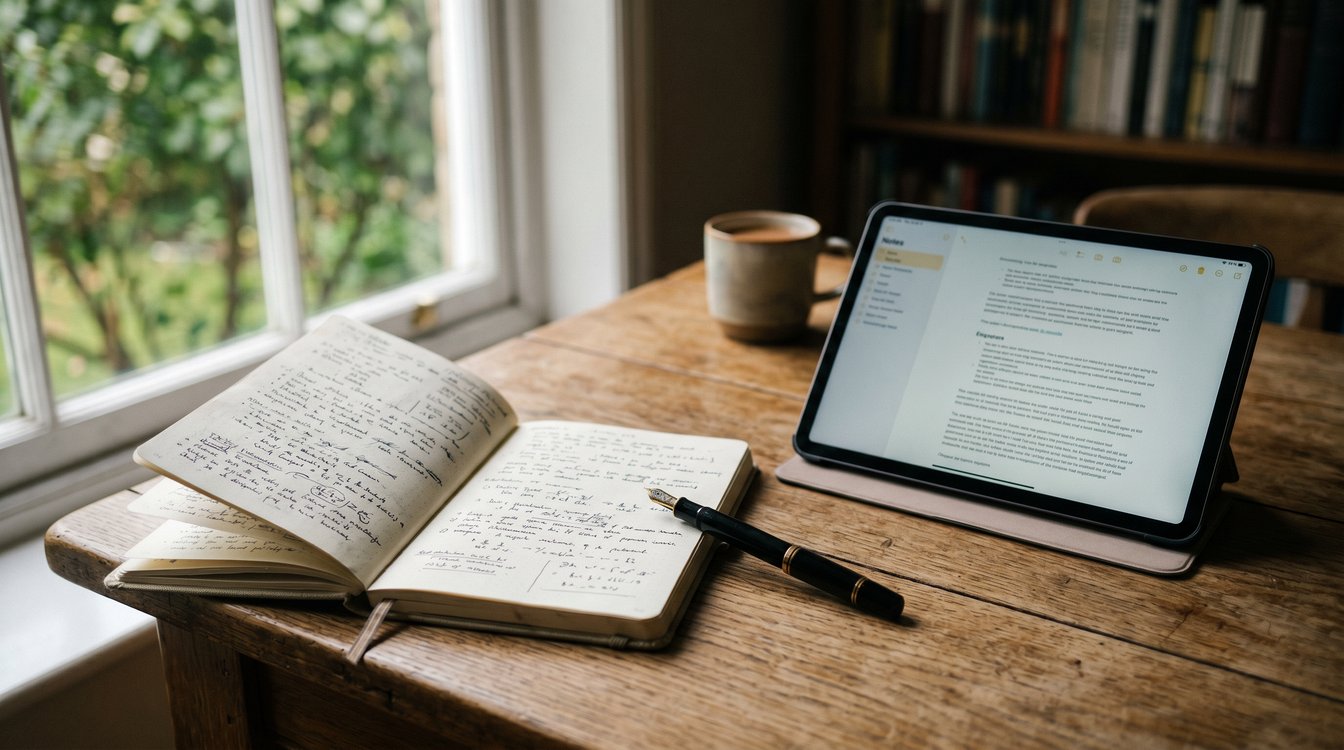 Notebook and phone on a desk