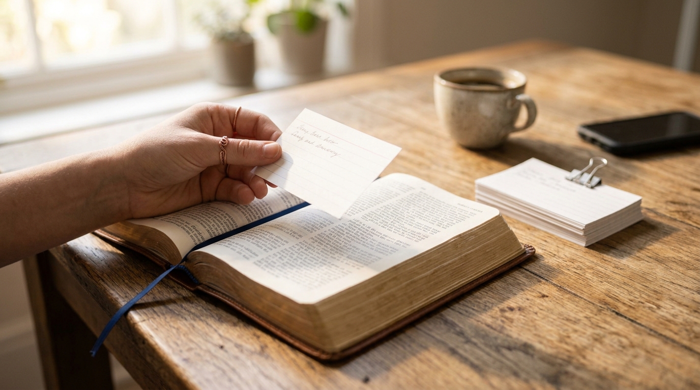 A hand holding a small index card with a handwritten Bible verse above an open Bible