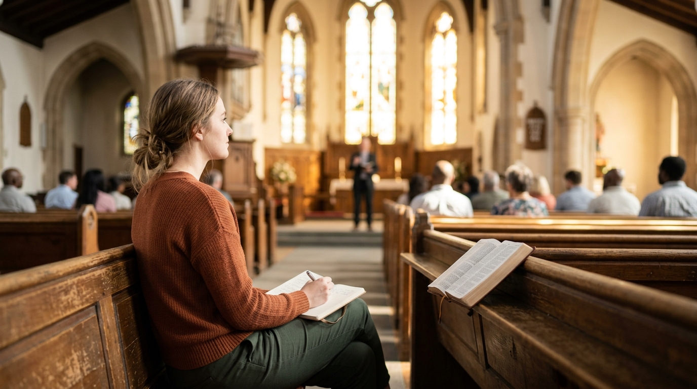A woman in a church pew listening to the sermon with a small notebook open on her lap