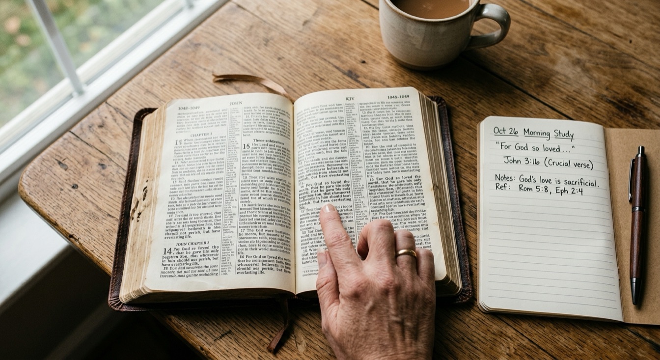 A finger resting on John 3:16 in an open Bible, with a notebook listing verse references