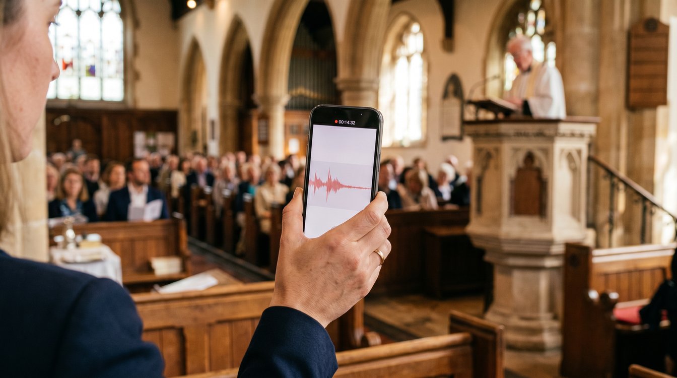 A hand holding an iPhone recording a sermon during a church service
