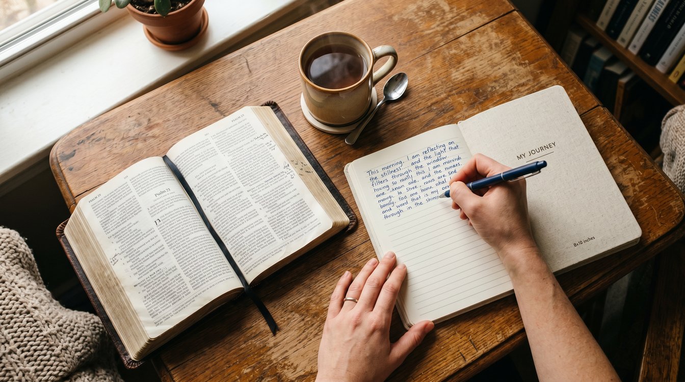 Woman reading Bible in morning light