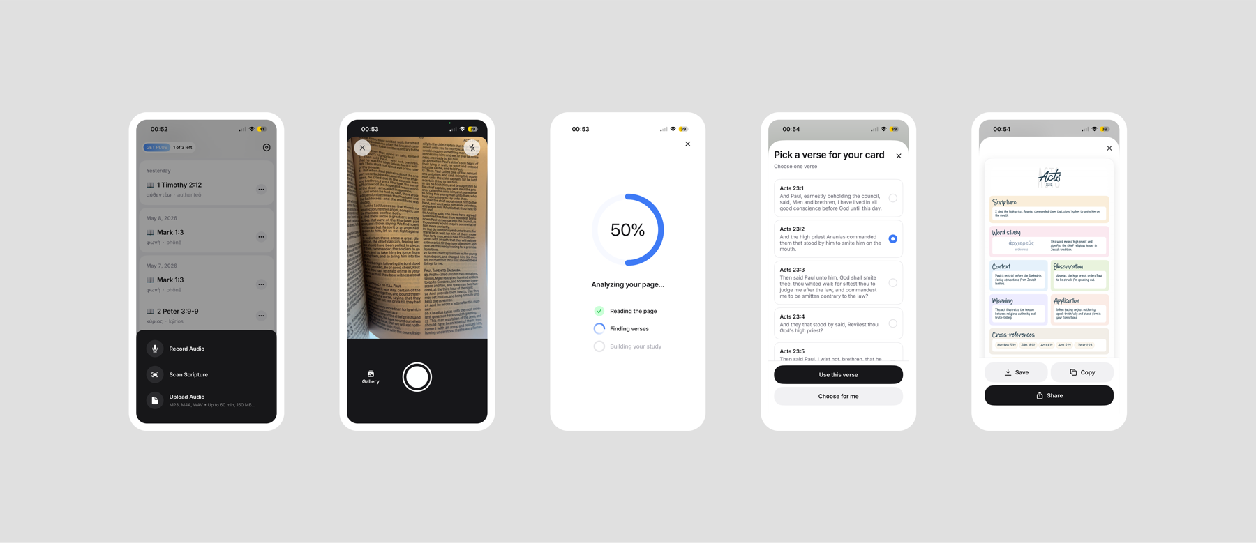 Sermon Keeper Scan Scripture flow — action sheet, camera, analyzing screen, verse picker, finished study card