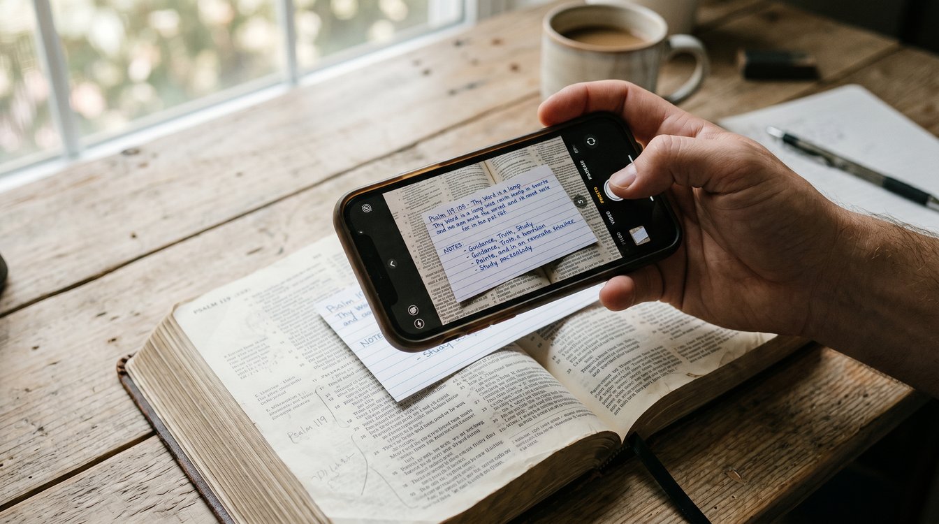 Open Bible with phone camera scanning a verse