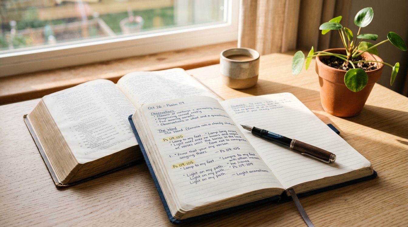 An open Bible beside a journal with handwritten SOAP study notes, a pen, and morning light
